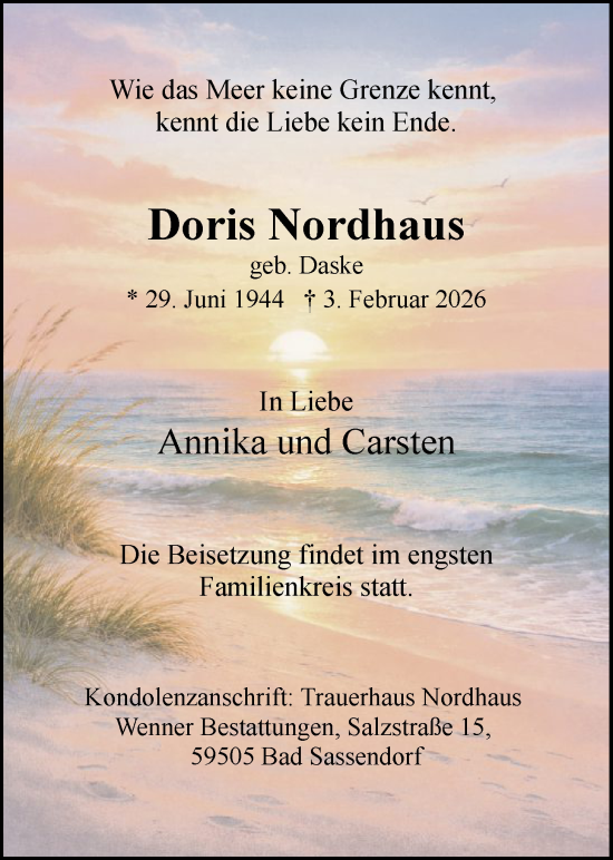 Traueranzeige von Doris Nordhaus von HASO