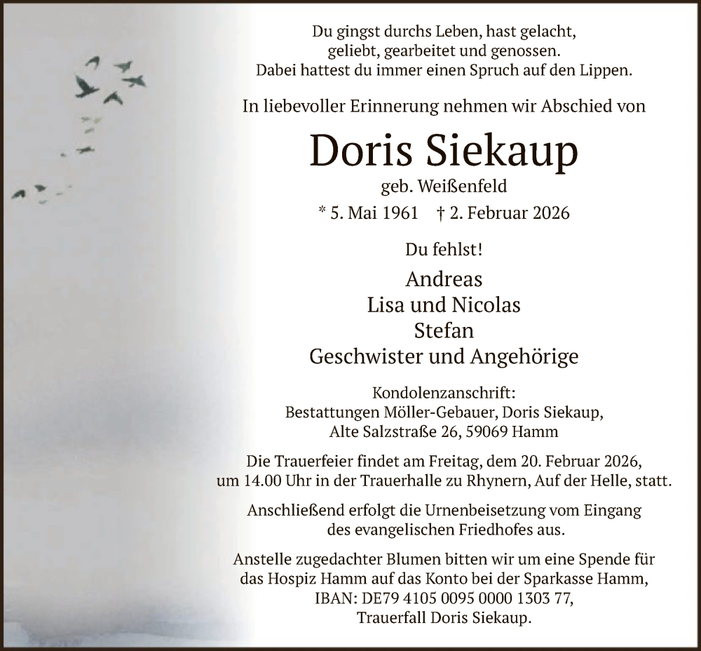  Traueranzeige für Doris Siekaup vom 07.02.2026 aus HAWA