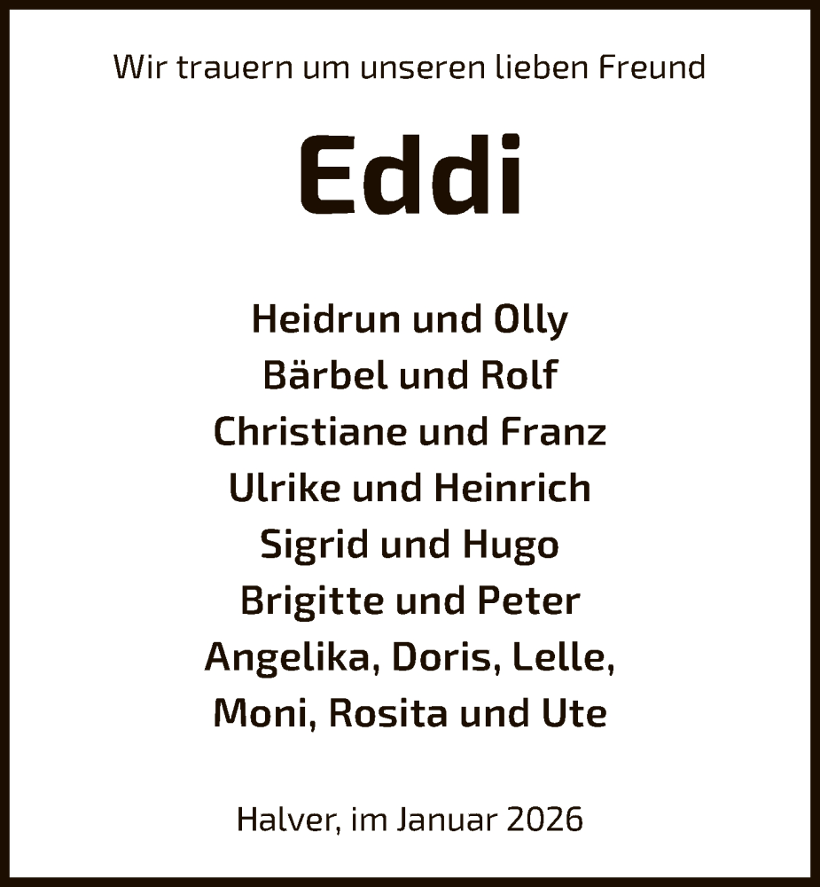  Traueranzeige für Eddi  vom 02.02.2026 aus HALN