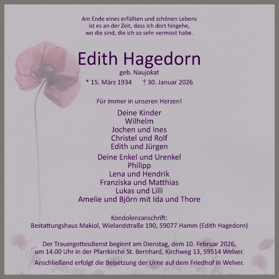 Traueranzeige von Edith Hagedorn von HAWAHASO