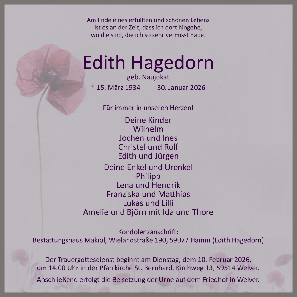  Traueranzeige für Edith Hagedorn vom 07.02.2026 aus HAWAHASO