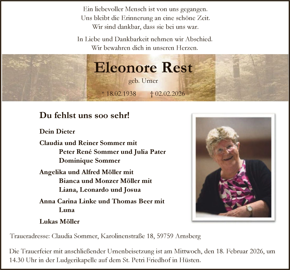  Traueranzeige für Eleonore Rest vom 14.02.2026 aus HASK