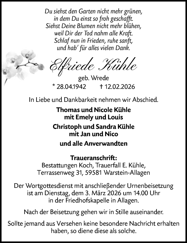  Traueranzeige für Elfriede Kühle vom 27.02.2026 aus HASO