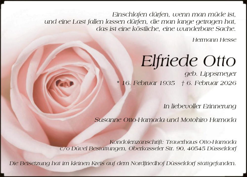  Traueranzeige für Elfriede Otto vom 14.02.2026 aus HASO