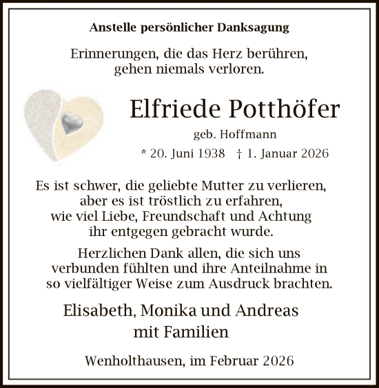 Traueranzeige von Elfriede Potthöfer von HASK