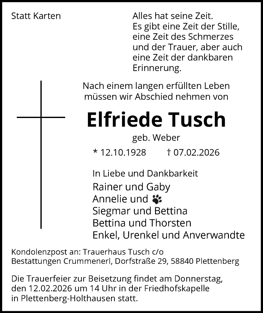  Traueranzeige für Elfriede Tusch vom 10.02.2026 aus HALN
