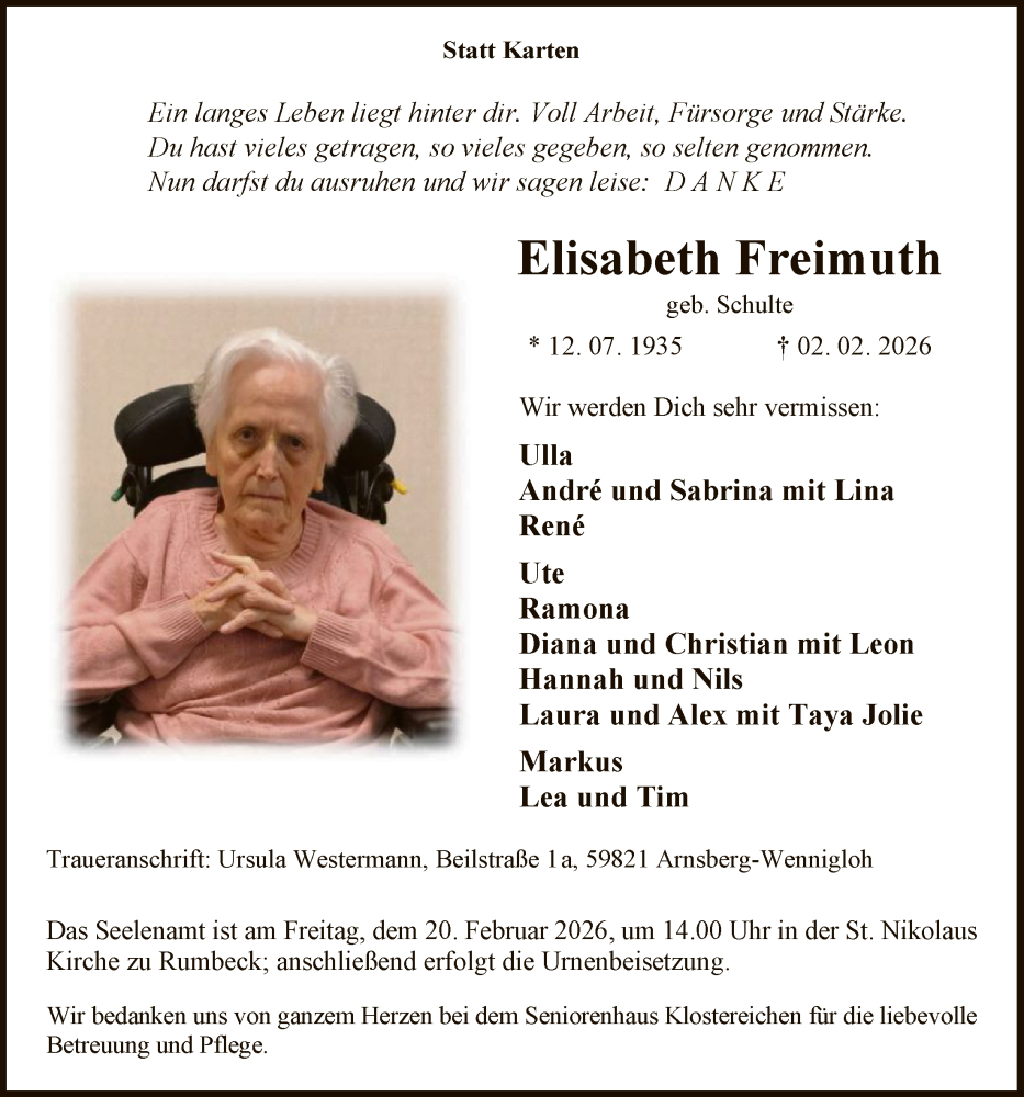  Traueranzeige für Elisabeth Freimuth vom 14.02.2026 aus HASK