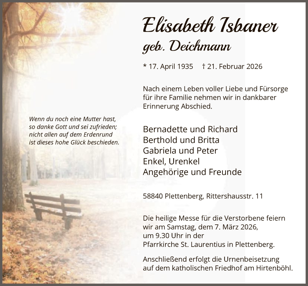 Traueranzeige für Elisabeth Isbaner vom 28.02.2026 aus HALNHASK