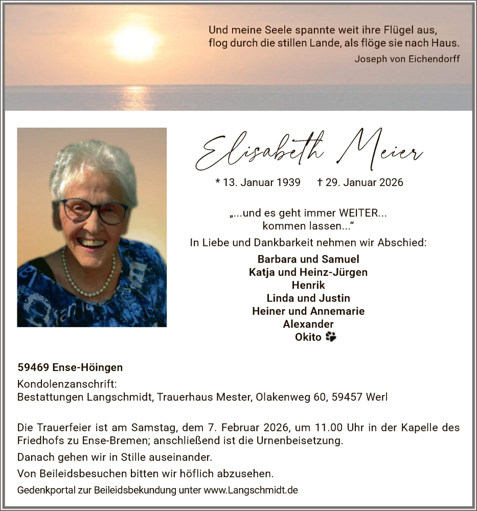  Traueranzeige für Elisabeth Meier vom 03.02.2026 aus HASO