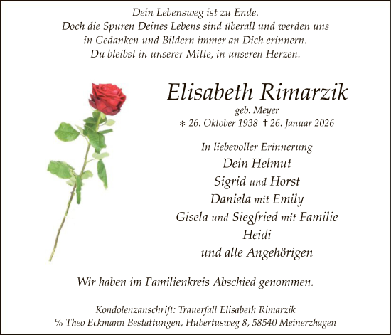 Traueranzeige von Elisabeth Rimarzik von HALN