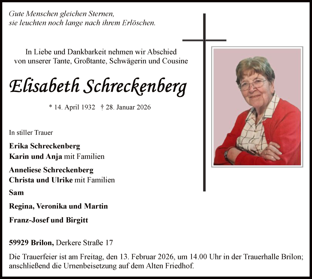  Traueranzeige für Elisabeth Schreckenberg vom 07.02.2026 aus HASK