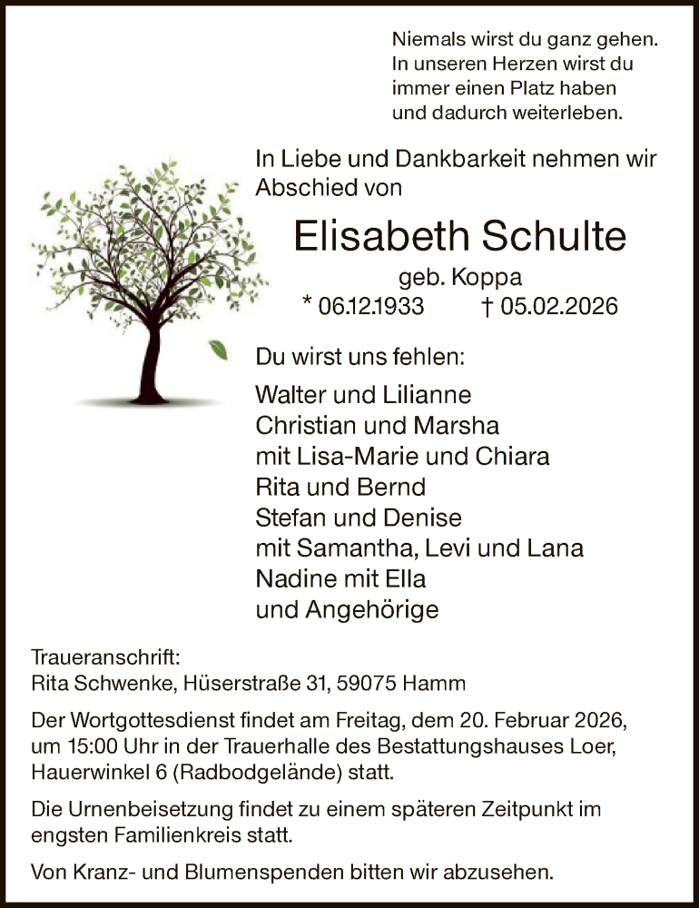  Traueranzeige für Elisabeth Schulte vom 14.02.2026 aus HAWA