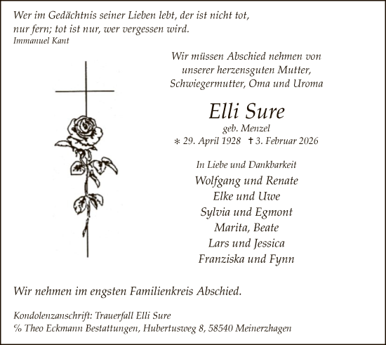 Traueranzeige von Elli Sure von HALN