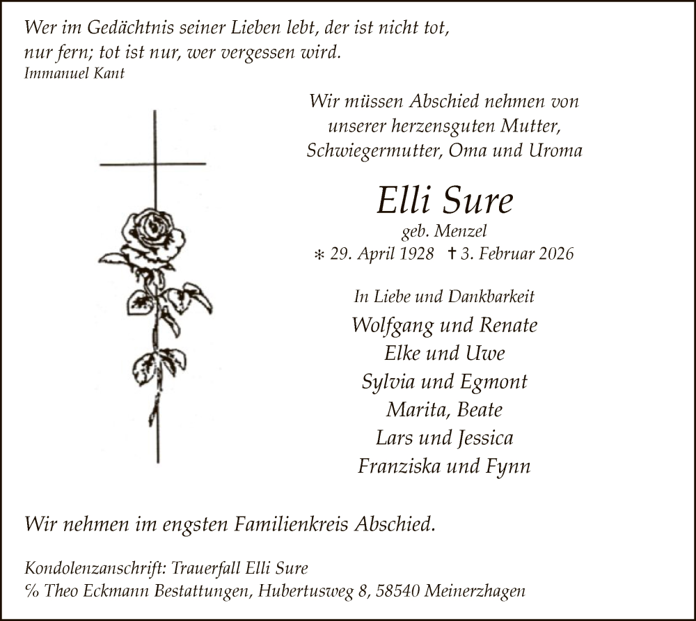  Traueranzeige für Elli Sure vom 07.02.2026 aus HALN