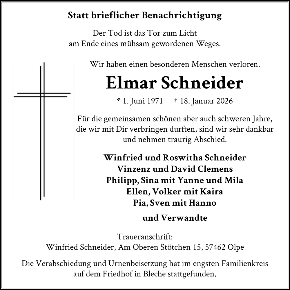  Traueranzeige für Elmar Schneider vom 07.02.2026 aus HASK