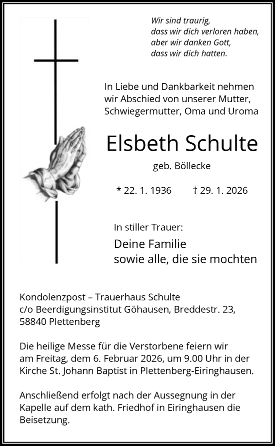 Traueranzeige von Elsbeth Schulte von HALN