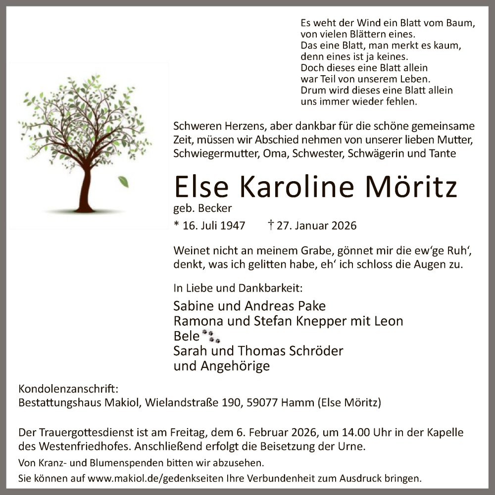  Traueranzeige für Else Karoline Möritz vom 04.02.2026 aus HAWA