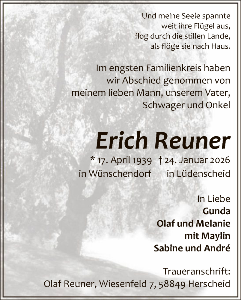  Traueranzeige für Erich Reuner vom 07.02.2026 aus HALN