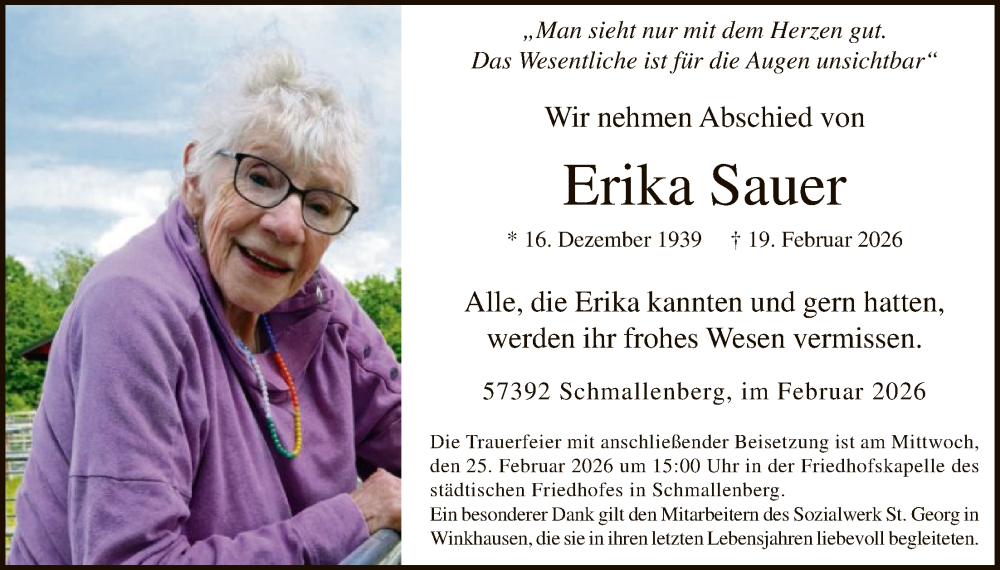  Traueranzeige für Erika Sauer vom 21.02.2026 aus HASK