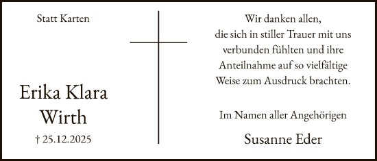 Traueranzeige von Erika Klara Wirth von HALN