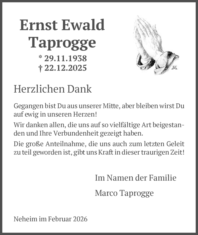  Traueranzeige für Ernst Ewald Taprogge vom 28.02.2026 aus HASK