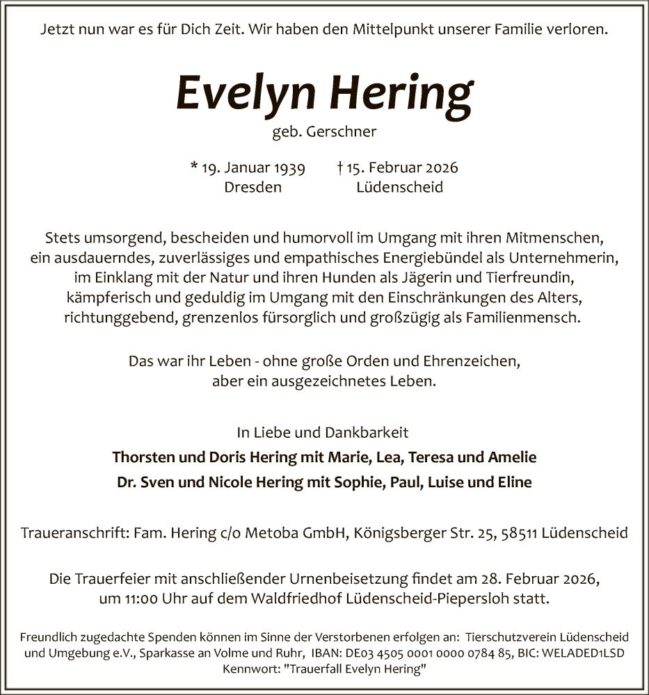  Traueranzeige für Evelyn Hering vom 21.02.2026 aus HALN