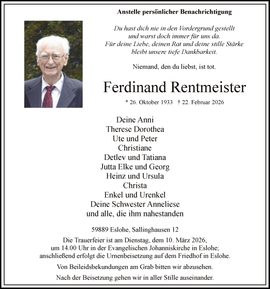 Traueranzeige von Ferdinand Rentmeister von HASK