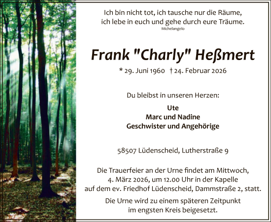 Traueranzeige von Frank Heßmert von HALN
