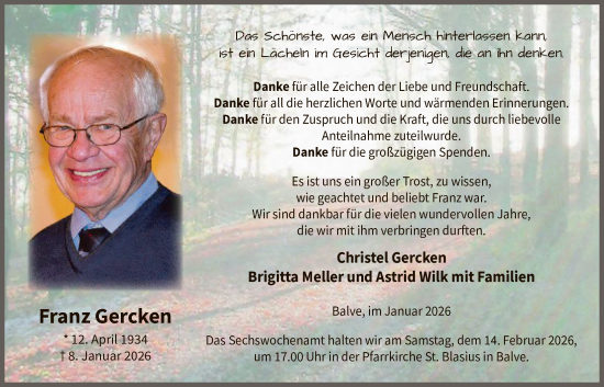 Traueranzeige von Franz Gercken von HALN
