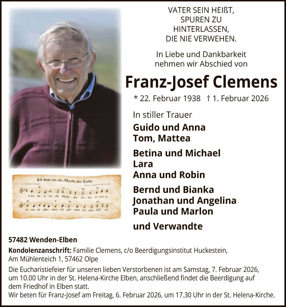  Traueranzeige für Franz-Josef Clemens vom 07.02.2026 aus HASK