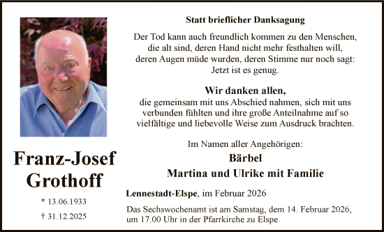 Traueranzeige von Franz-Josef Grothoff von HASK