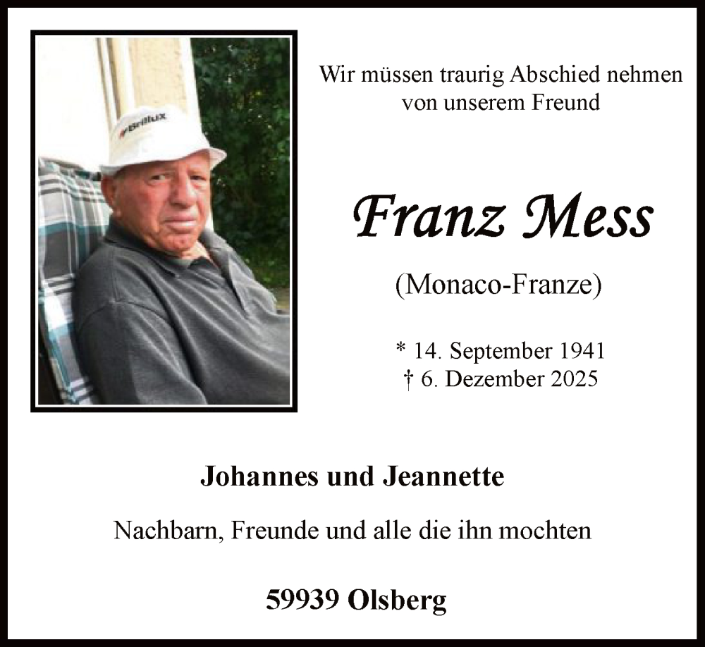  Traueranzeige für Franz Mess vom 14.02.2026 aus HASK