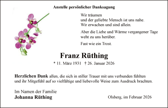 Traueranzeige von Franz Rüthing von HASK