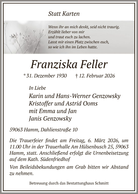 Traueranzeige von Franziska Feller von HAWA