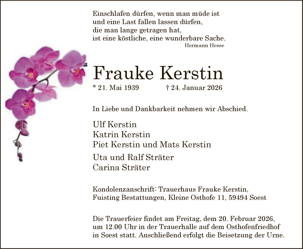  Traueranzeige für Frauke Kerstin vom 07.02.2026 aus HASO
