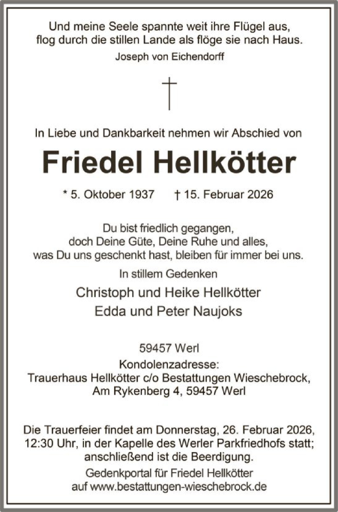  Traueranzeige für Friedel Hellkötter vom 21.02.2026 aus HASO