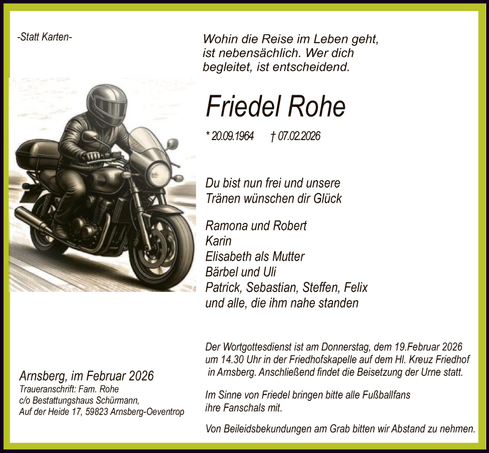  Traueranzeige für Friedel Rohe vom 14.02.2026 aus HASK