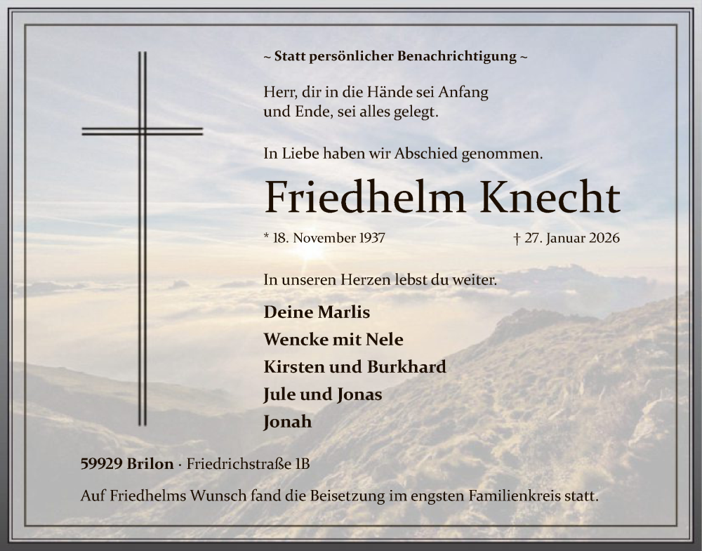  Traueranzeige für Friedhelm Knecht vom 14.02.2026 aus HASK