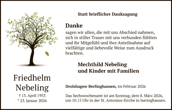 Traueranzeige von Friedhelm Nebeling von HASK