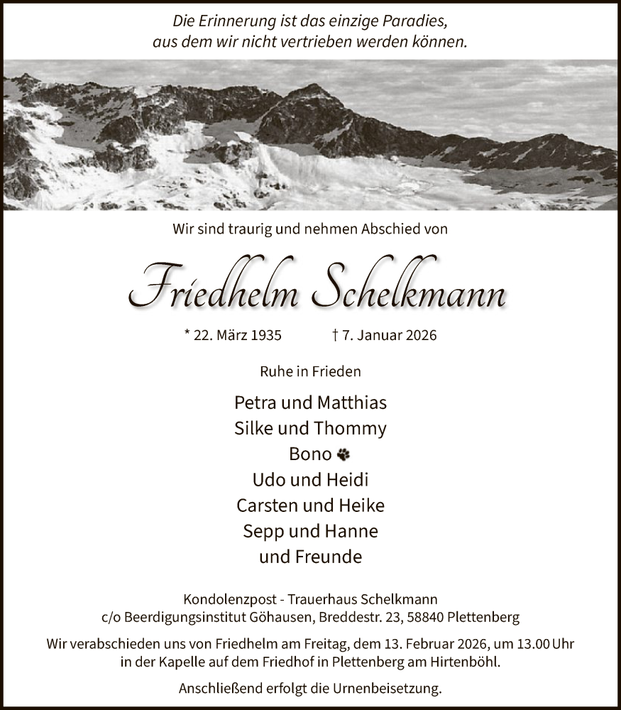  Traueranzeige für Friedhelm Schelkmann vom 06.02.2026 aus HALN