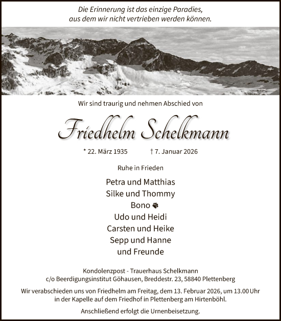 Traueranzeige von Friedhelm Schelkmann von HALN