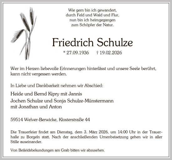 Traueranzeige von Friedrich Schulze von HASO