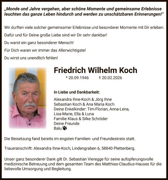 Traueranzeige von Friedrich Wilhelm Koch von HALN