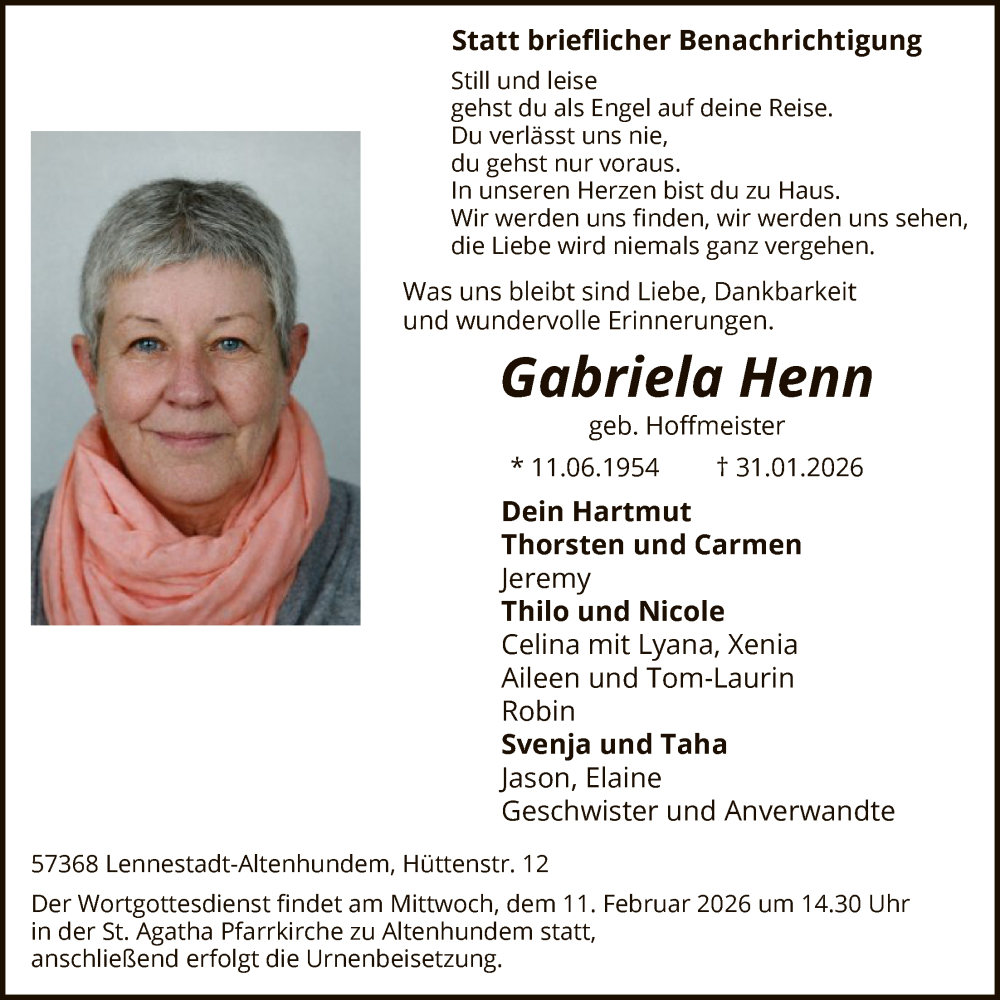  Traueranzeige für Gabriela Henn vom 07.02.2026 aus HASK