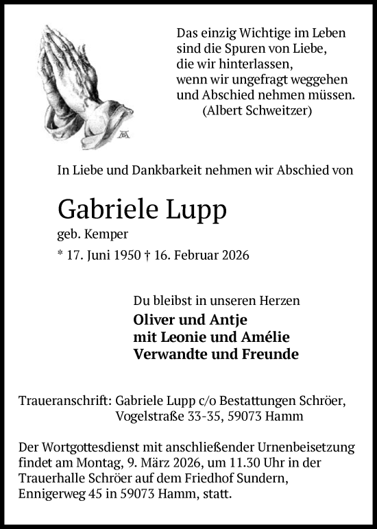 Traueranzeige von Gabriele Lupp von HAWA