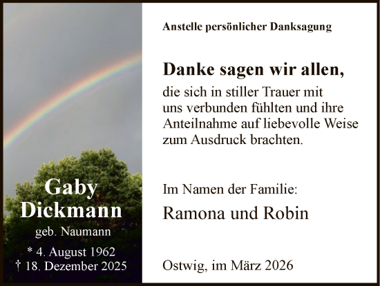 Traueranzeige von Gaby Dickmann von HASK