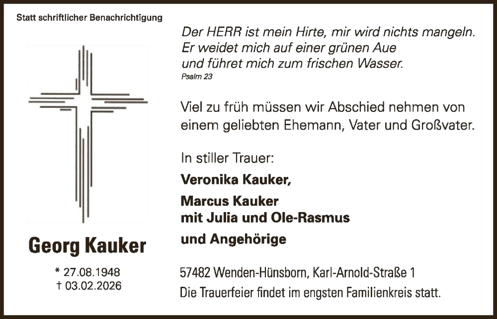 Traueranzeige für Georg Kauker vom 07.02.2026 aus HASK