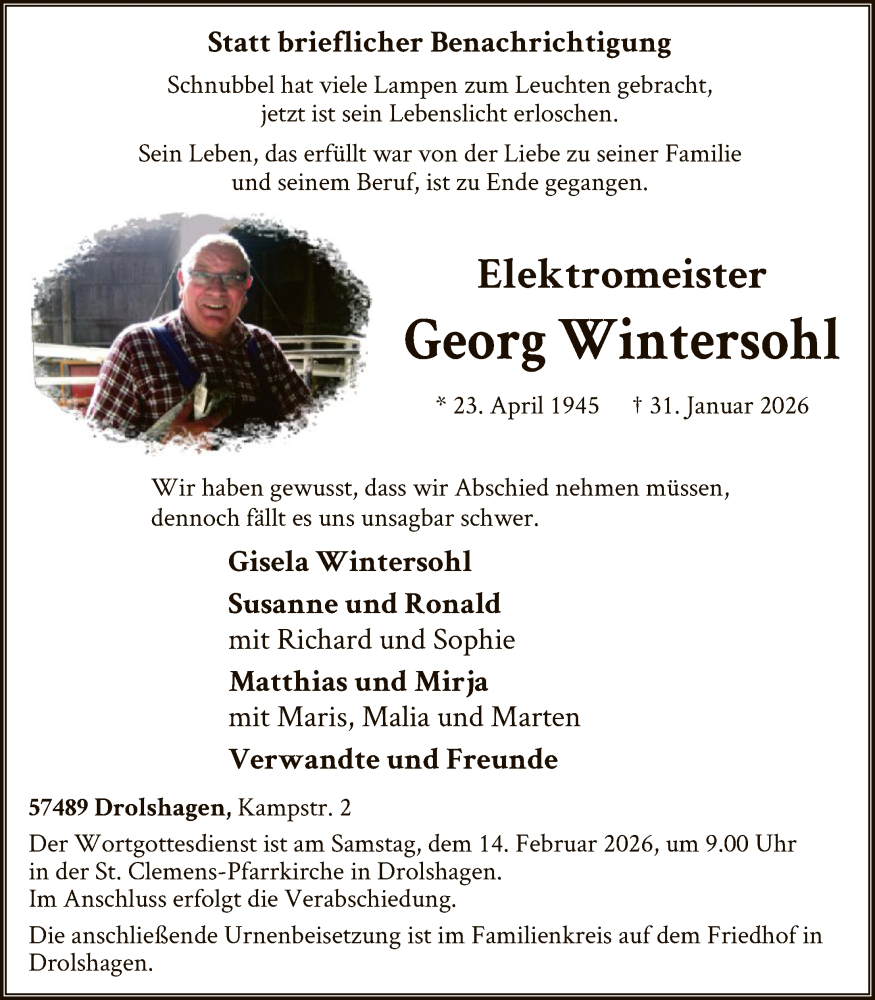  Traueranzeige für Georg Wintersohl vom 07.02.2026 aus HASK