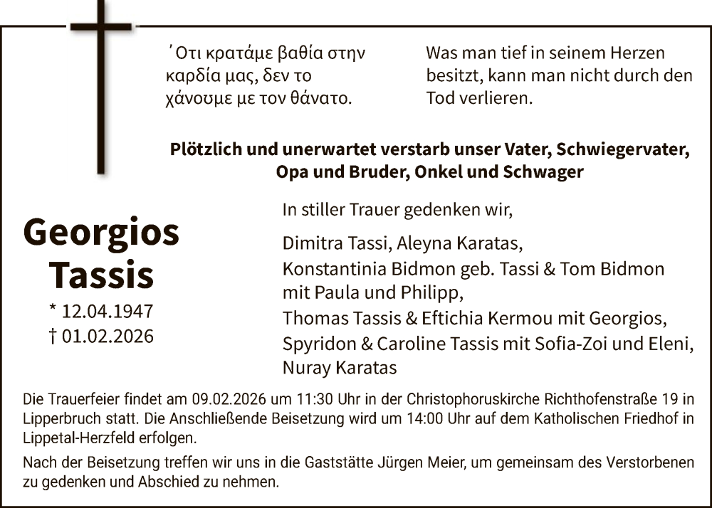  Traueranzeige für Georgios Tassis vom 05.02.2026 aus HASO