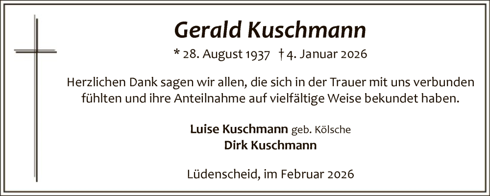  Traueranzeige für Gerald Kuschmann vom 04.02.2026 aus HALN